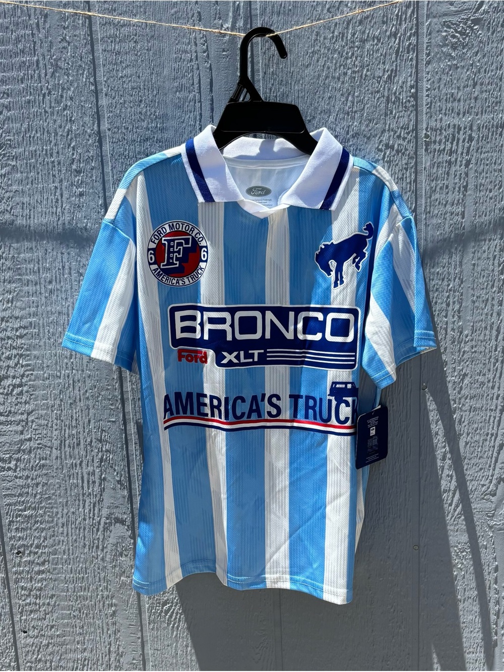 Ford Bronco XLT Striped Polo Tee in Light Blue & White